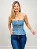 Denim Button Down Peplum Hem Corset Top