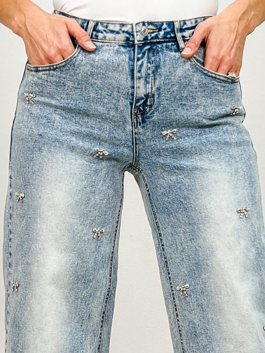 Bow Embellished Straight Leg Jeans