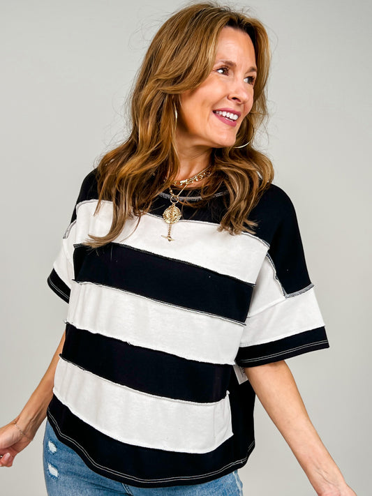 French Terry Striped Exposed Seam Top