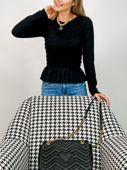 Long Sleeve Solid Knit Top with Smocked Body