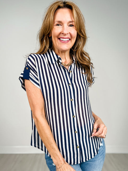 Short Sleeve Striped Lightweight Woven Top