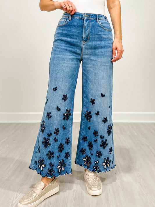 Washed Flower Cutouts Denim Pants