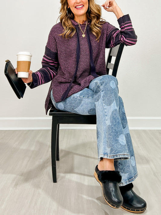 Two Tone Striped Sleeve Hooded Sweater