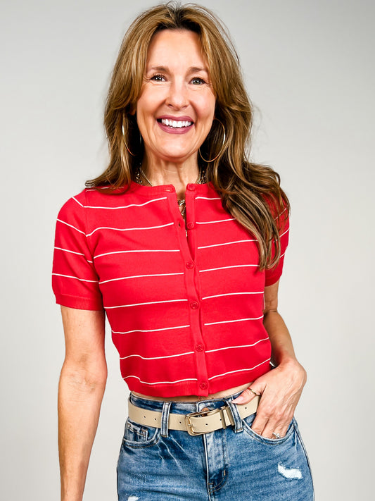 Stripe Short Sleeve Button Down Cropped Cardigan