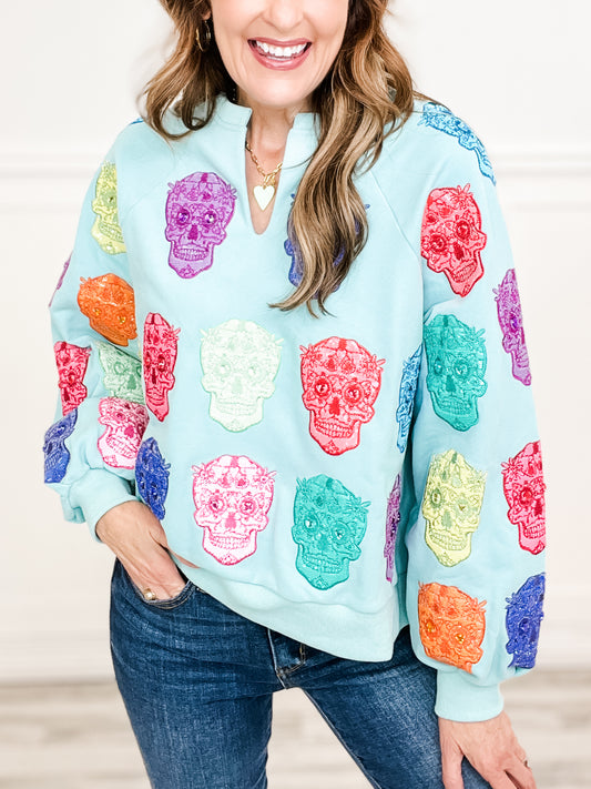 Queen of Sparkles Light Blue Multi Color Sugar Skull Sweatshirt
