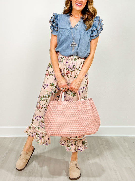 Ruffle Hem Midi Bloomer Pants with Drawstring Waist