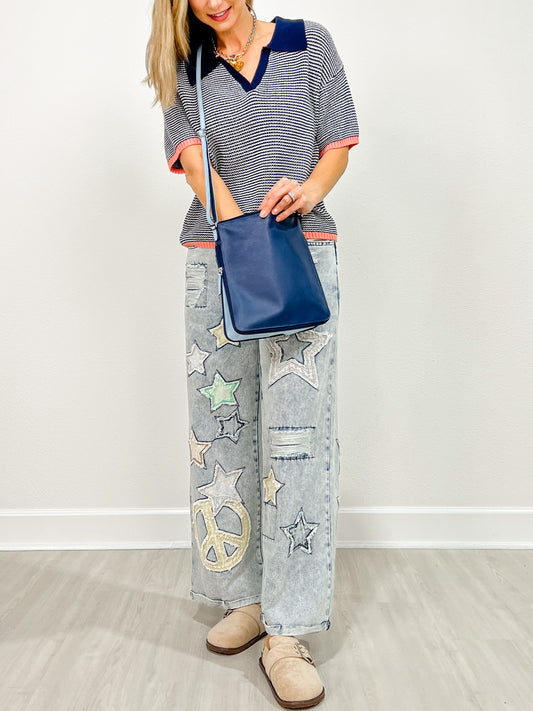 Star And Peace Patch Wide Leg Relaxed Fit Jeans