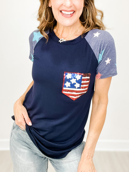American Flag Sequin Pocket with Contrasting Short Sleeves Top