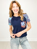 American Flag Sequin Pocket with Contrasting Short Sleeves Top