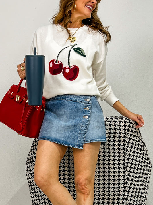 Round Neck Long Sleeve Cherry Lightweight Sweater