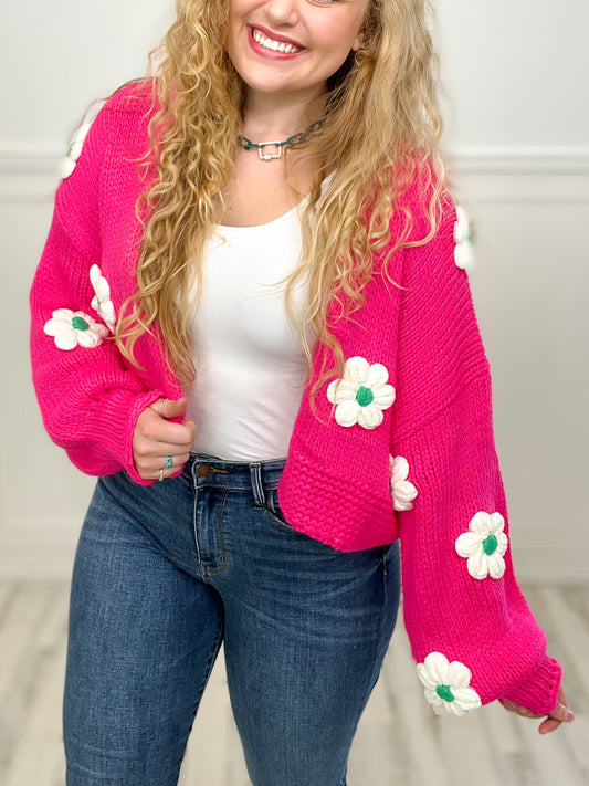 Perfect Floral Applique Lantern Sleeved Cropped Cardigan