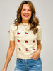 Short Sleeve Cherry Embroidered Cropped Sweater