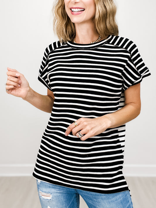 Stripe Contrast Drop Shoulder Short Sleeve Top