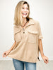 Short Sleeve Waffle Top with Front Button and Accent Pockets