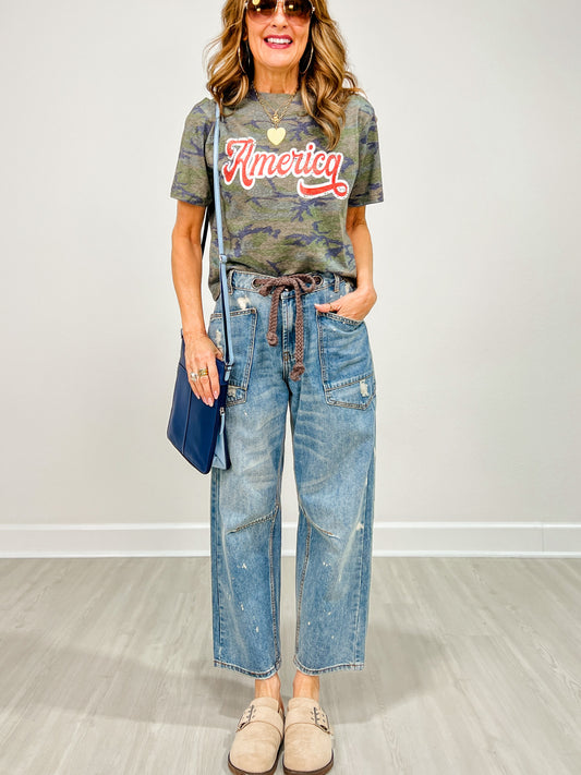 Washed Paint Splattered Barrel Jeans
