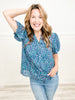 Love Is A Bird Print Top with Balloon Short Sleeves and V-Neckline