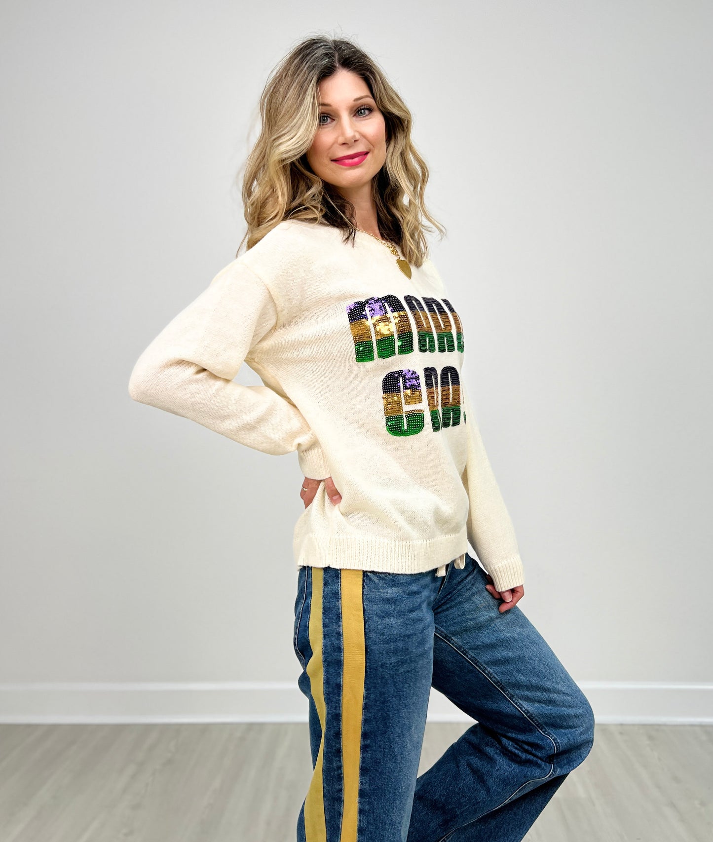 Mardi Gras Sequin Letter Knit Top