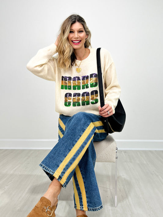 Mardi Gras Sequin Letter Knit Top