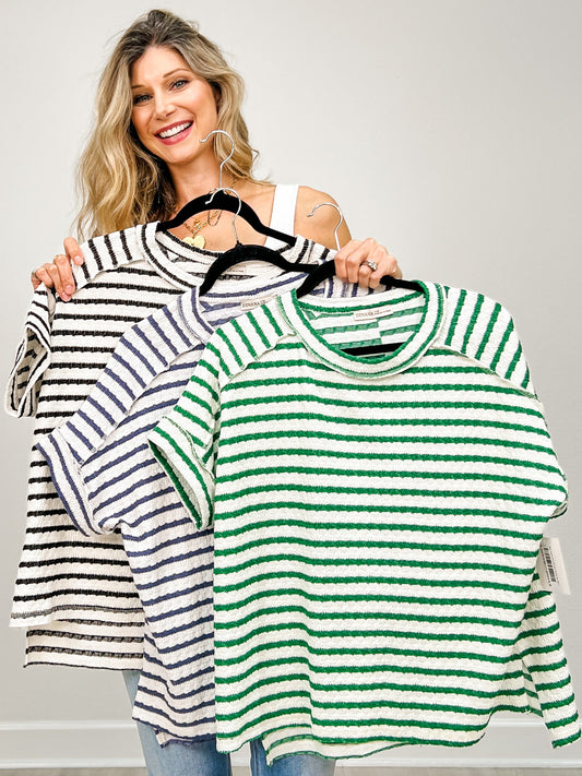 Stripe Jacquard Round Neck Hi-Lo Hem Box Tee - GRP A