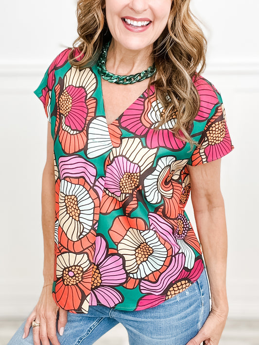Material Girl Floral Print Top with V-Neckline and Short Sleeves