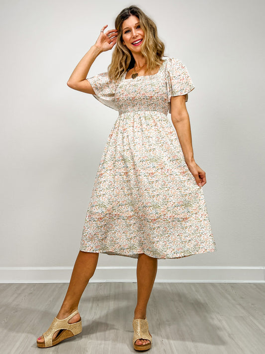 Floral Print Square Neck Smocked Midi Dress