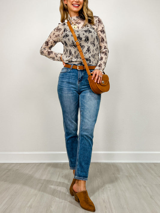 Cowboy Print Mock Neck Mesh Top