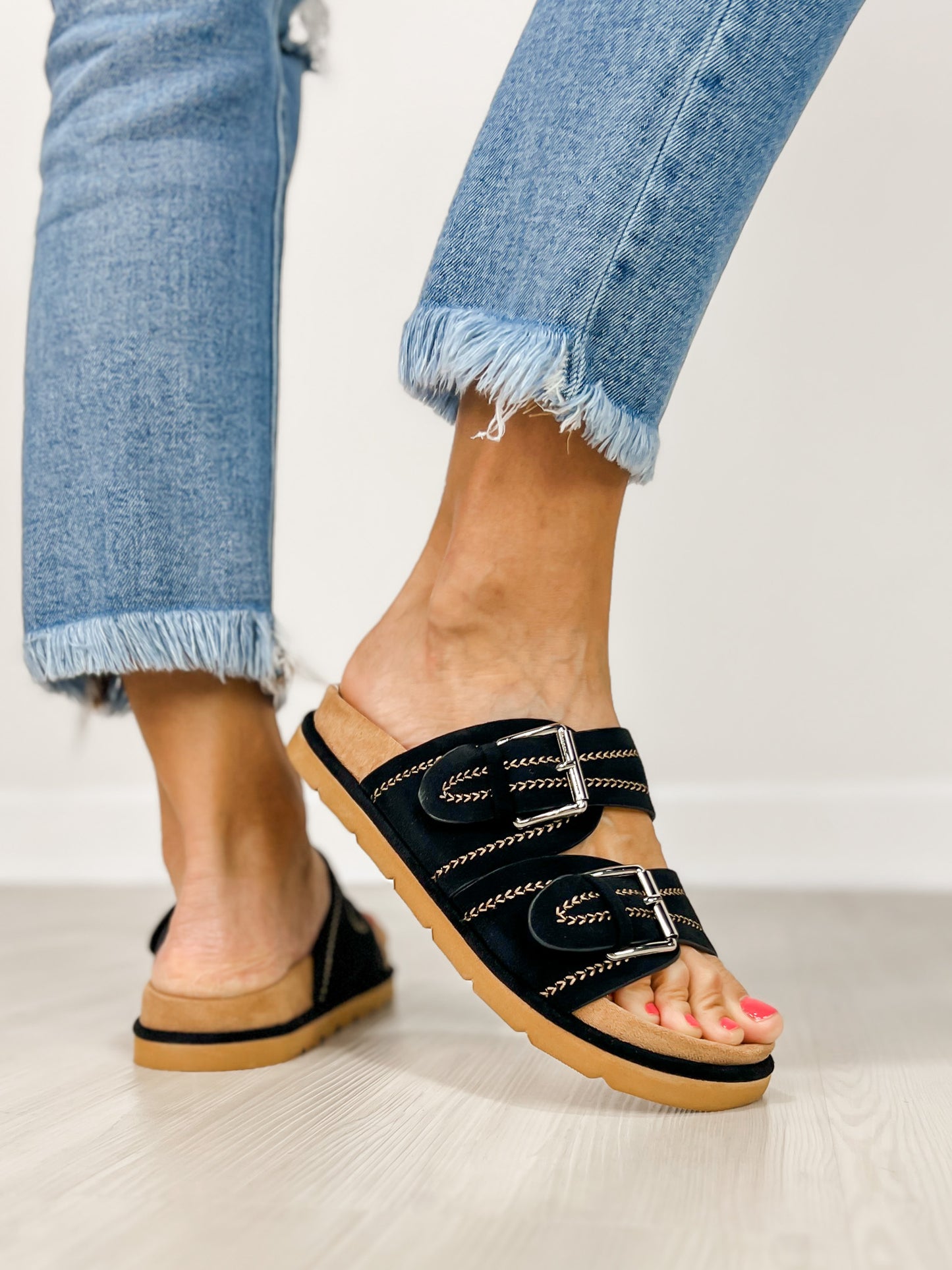 Corkys Smitten Double Buckle Sandals in BLACK FAUX SUEDE