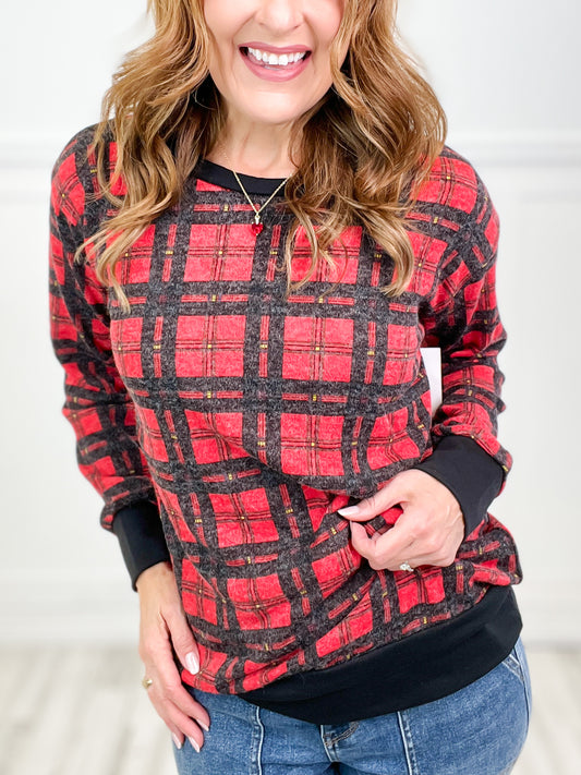 "Holiday Ready" Check Plaid Knit Sweater Pull-Over Contrast Top