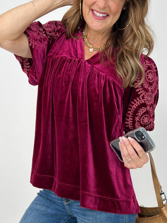 Velvet V-Neck Embroidered Sleeve Top