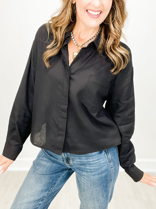 Oversized Cropped Half Sleeve Linen Collared Top