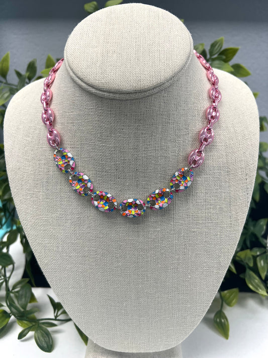 Pink Metallic and Mosaic Pig Nose Necklace