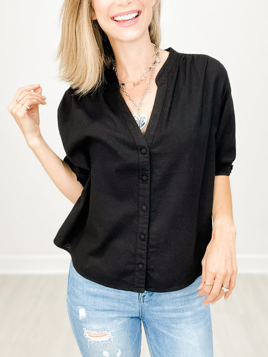 Oversized Linen Short Sleeve V-Neck Top