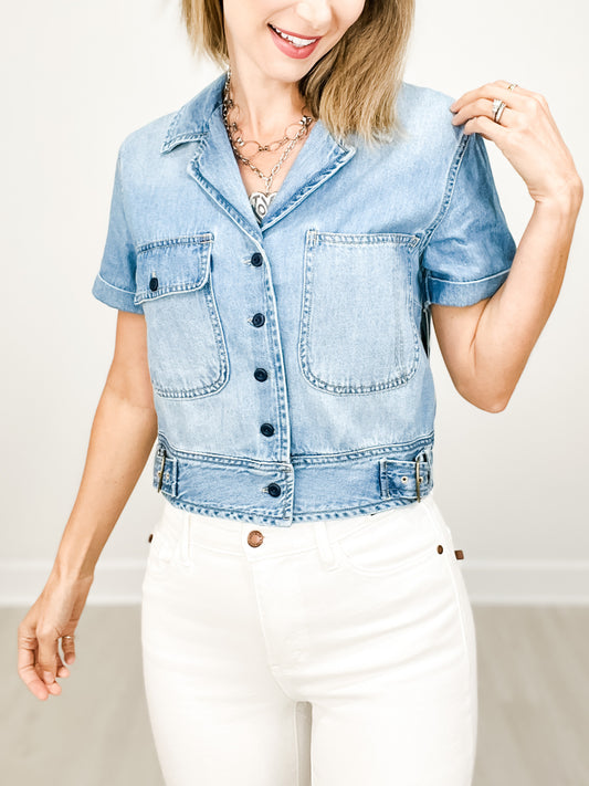 Risen Short Sleeve Denim Button Down Top with Collar