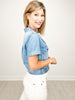 Risen Short Sleeve Denim Button Down Top with Collar