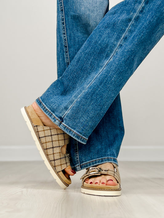 Corkys Feelin Saucy Double Buckle Sandals in TAN PLAID