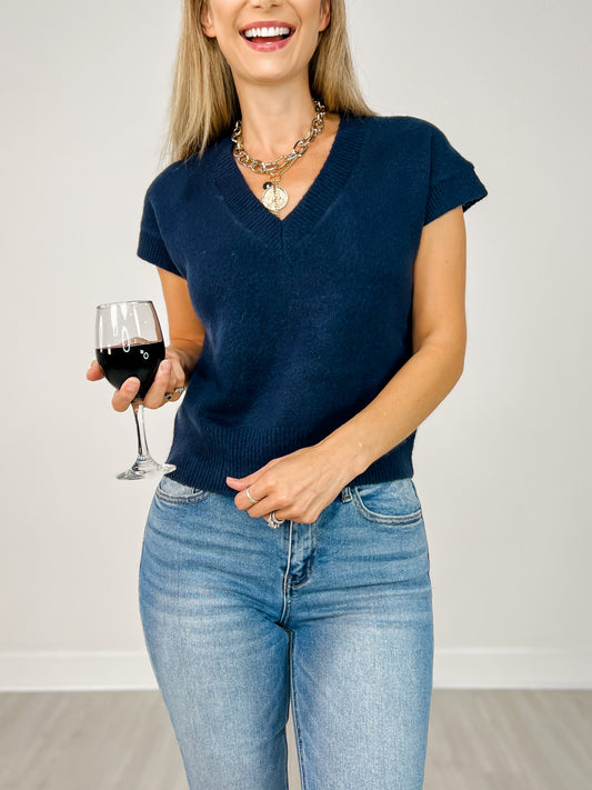 V-Neck Short Sleeve Knit Pullover Sweater