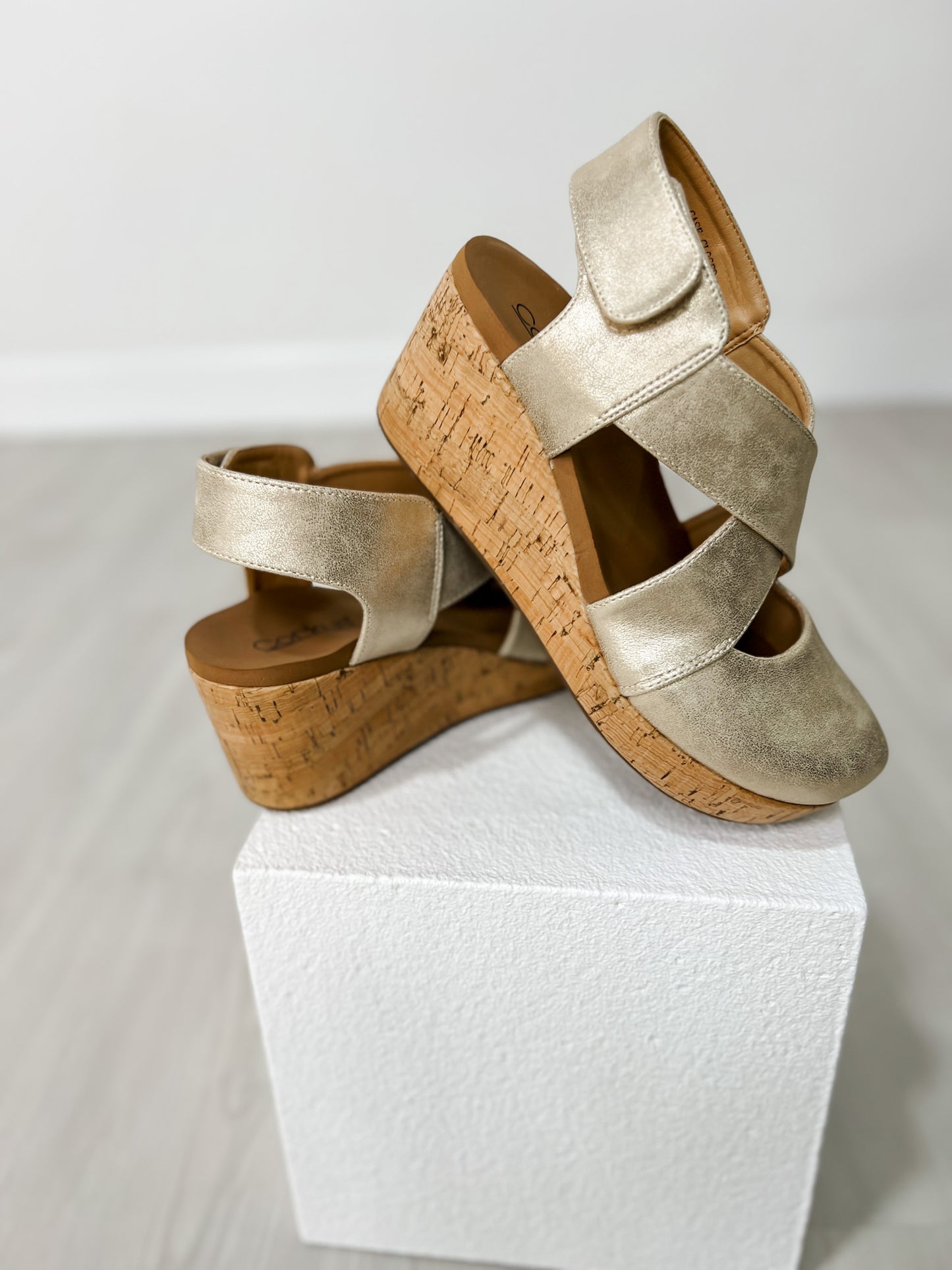 Corkys Case Closed Wedges in GOLD WASH METALLIC