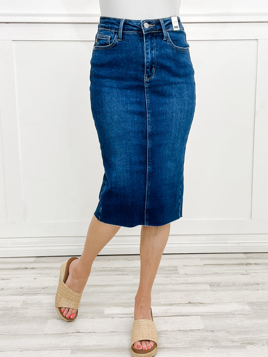 Judy Blue Hi-Rise Back Slit Hem Mid Length Skirt