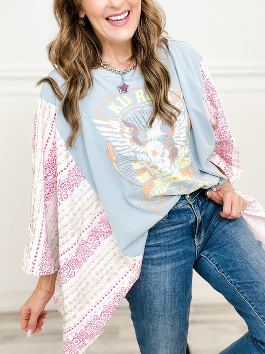 Kid Rock Print Stitched Poncho Sleeve Top