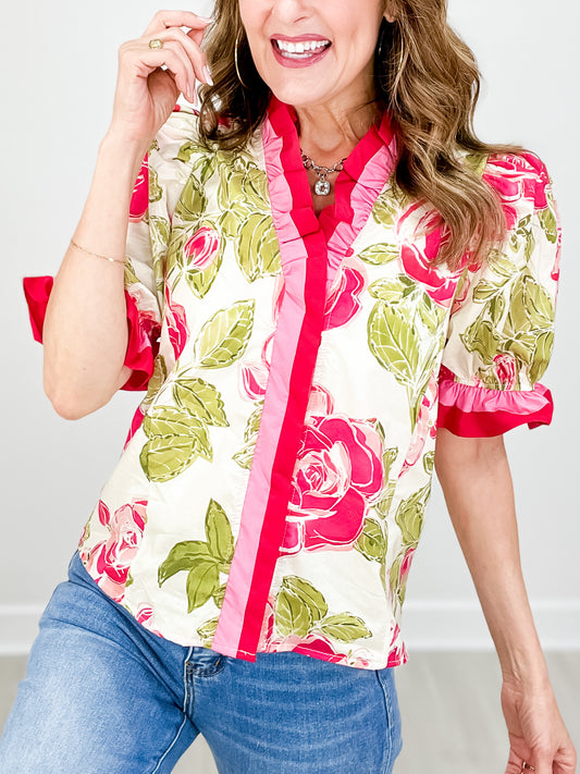 Floral Print Short Puff Sleeve Ruffle Detail V-Neck Top