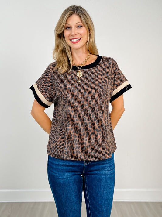 Leopard Print Short Sleeve Top with Contrast Neckline