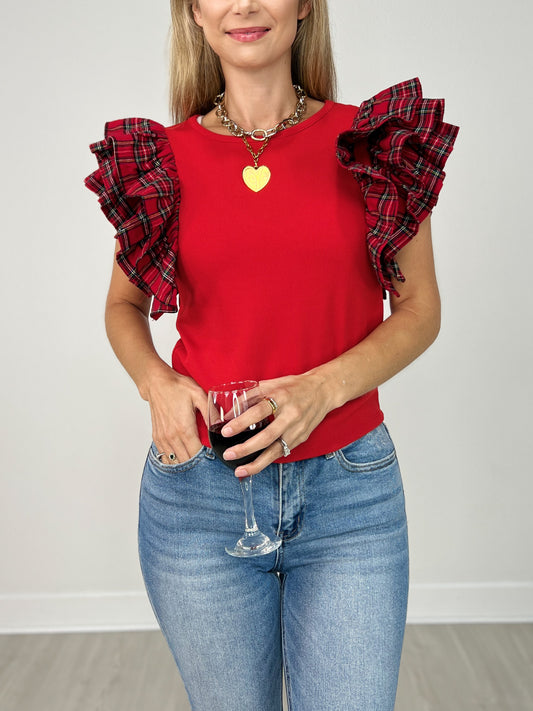 Contrast Ruffle Sleeve Round Neck Knit Top