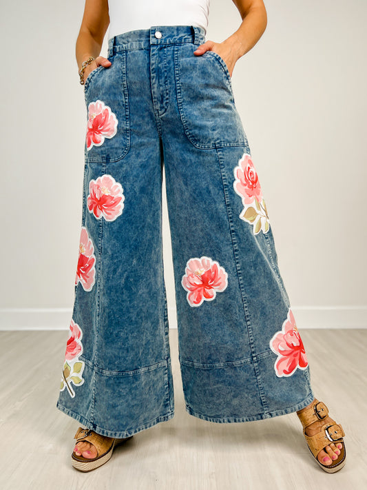 Washed Corduroy Vintage Flower Print Pants