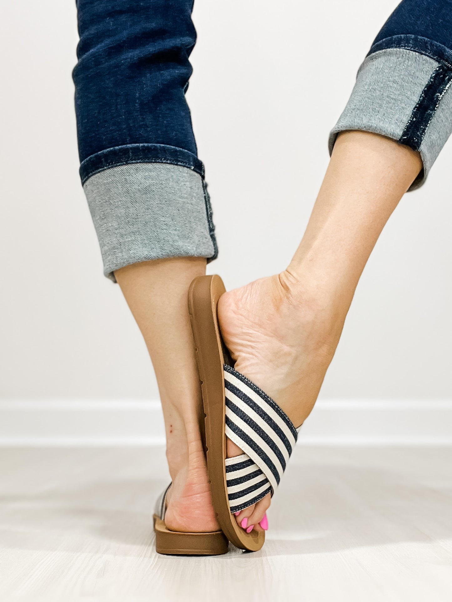 Corkys Dig It Slide Sandals in NAVY NATURAL STRIPE