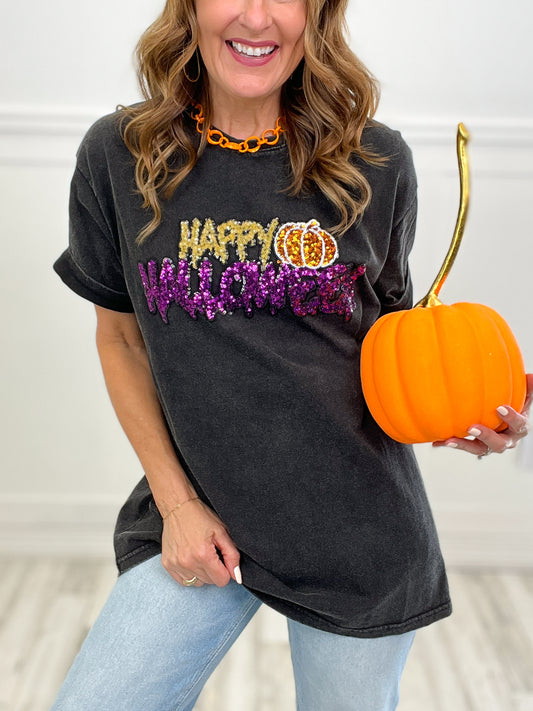 "Happy Halloween" Washed T-Shirt with Sequins