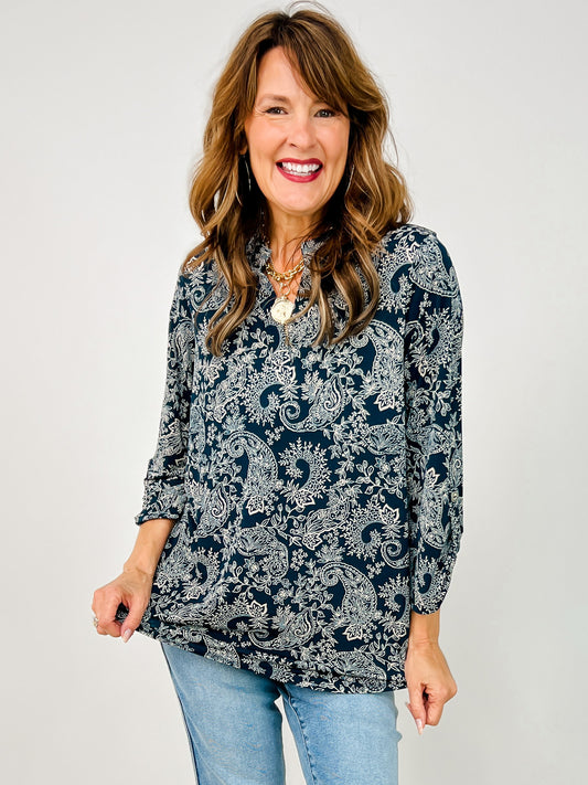 3/4 Sleeve Floral Print Lizzy Top in Midnight Teal