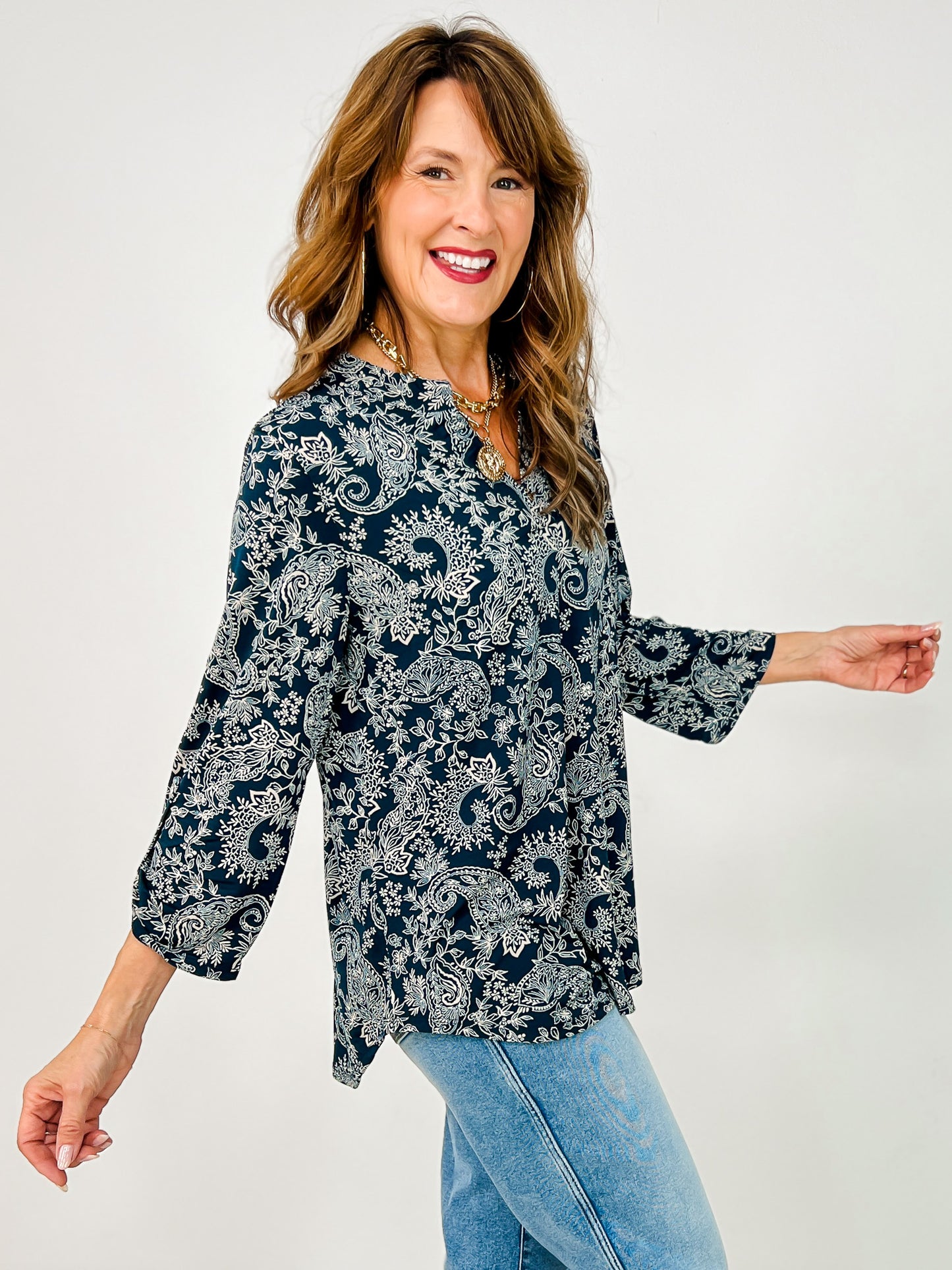3/4 Sleeve Floral Print Lizzy Top in Midnight Teal