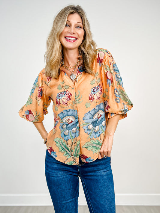 Printed Button Down Top with 3/4 Length Balloon Sleeves