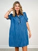 Button Front Bubble Sleeve Denim Dress with Pockets