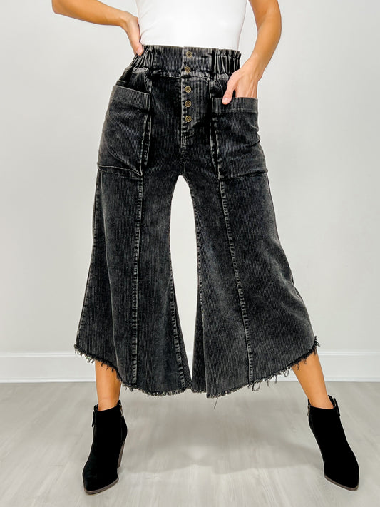 Mineral Wash Cropped Fray Hem Corduroy Wide Pants
